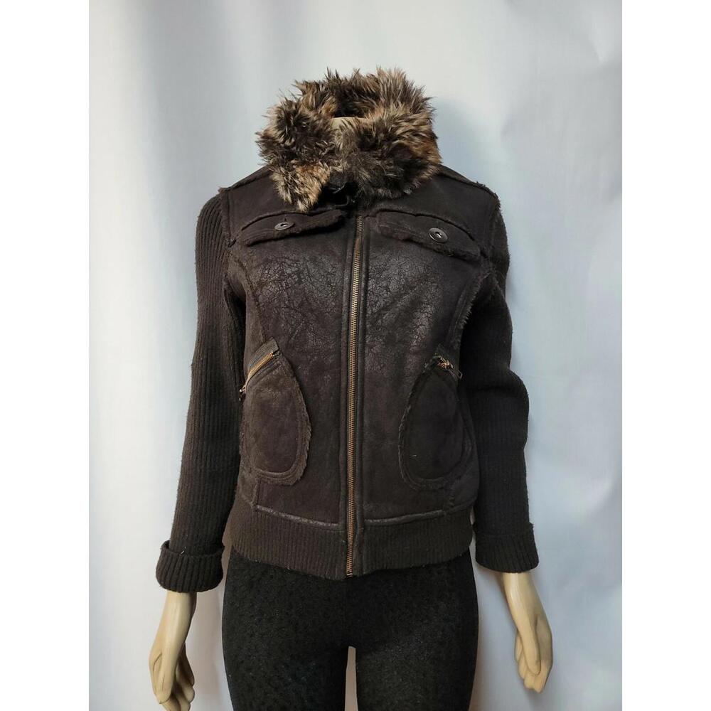 Peppe Peluso Fur Trimmed Brown Women's  Outdoor Jacket Sz M Ribbed Sleeves #W5